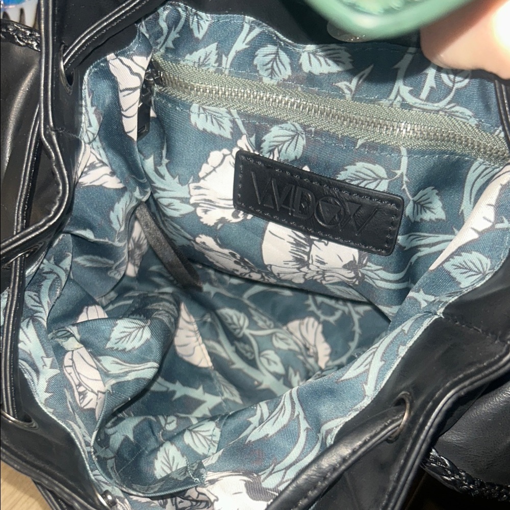 Dolls Kill Black Bucket Bag with Teal Floral Lining - Picture 2 of 8